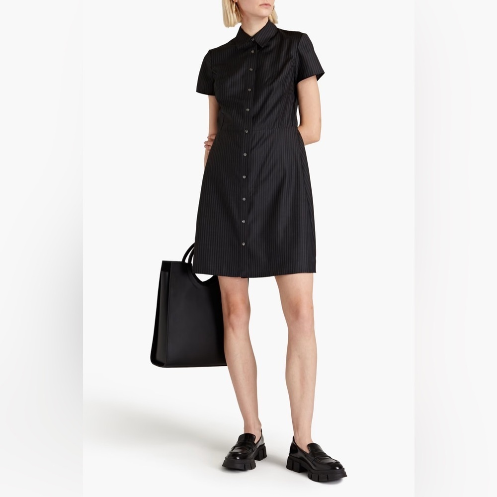 NWT - THEORY - Black Striped Wool-Jacquard Mini Shirt Dress. Size: 10